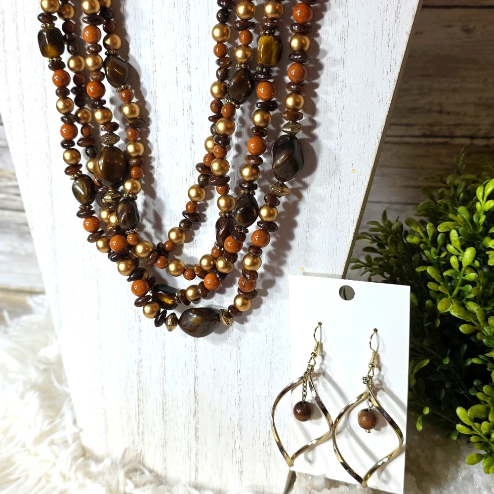 Boho Earthy Brown Beaded Necklace and Earring Set